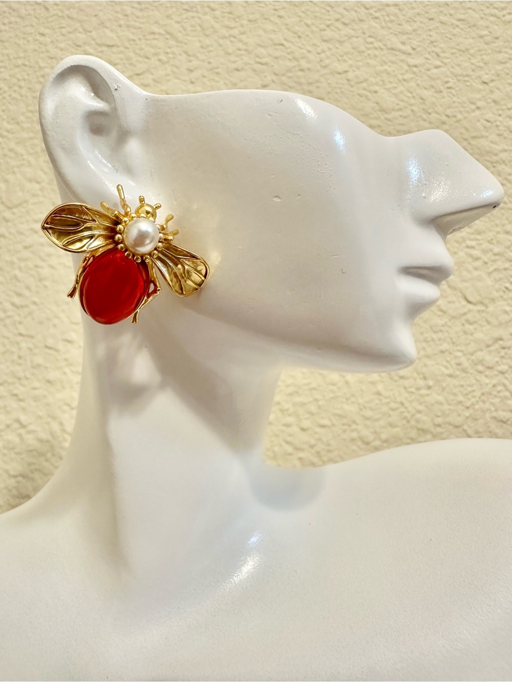 18k Gold Plated Bee w/ Red Cabochon and Pearl Accent